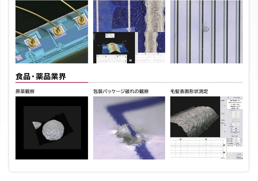 電子・デバイス業界編：ワイヤーボンディング観察, 太陽電池電極観察, 導光板の異物観察 / 食品・薬品業界：原薬観察, 包装パッケージ破れの観察, 毛髪表面形状測定